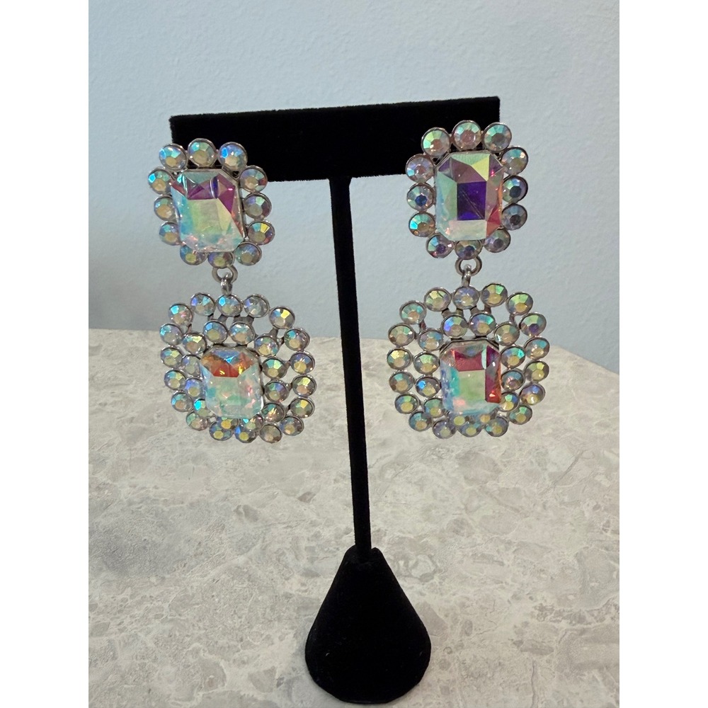 Iridescent AB Rhinestone Statement Drop Earrings Silver Tone Emerald Cut Crystal
